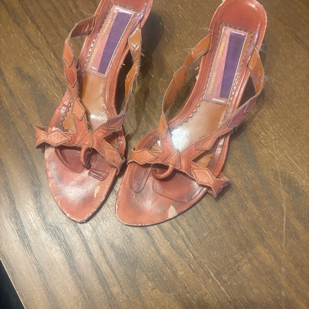 Susan Bennis/Warren Edwards Rustic Brown Braided Leather Slingback Heels - Picture 11 of 11